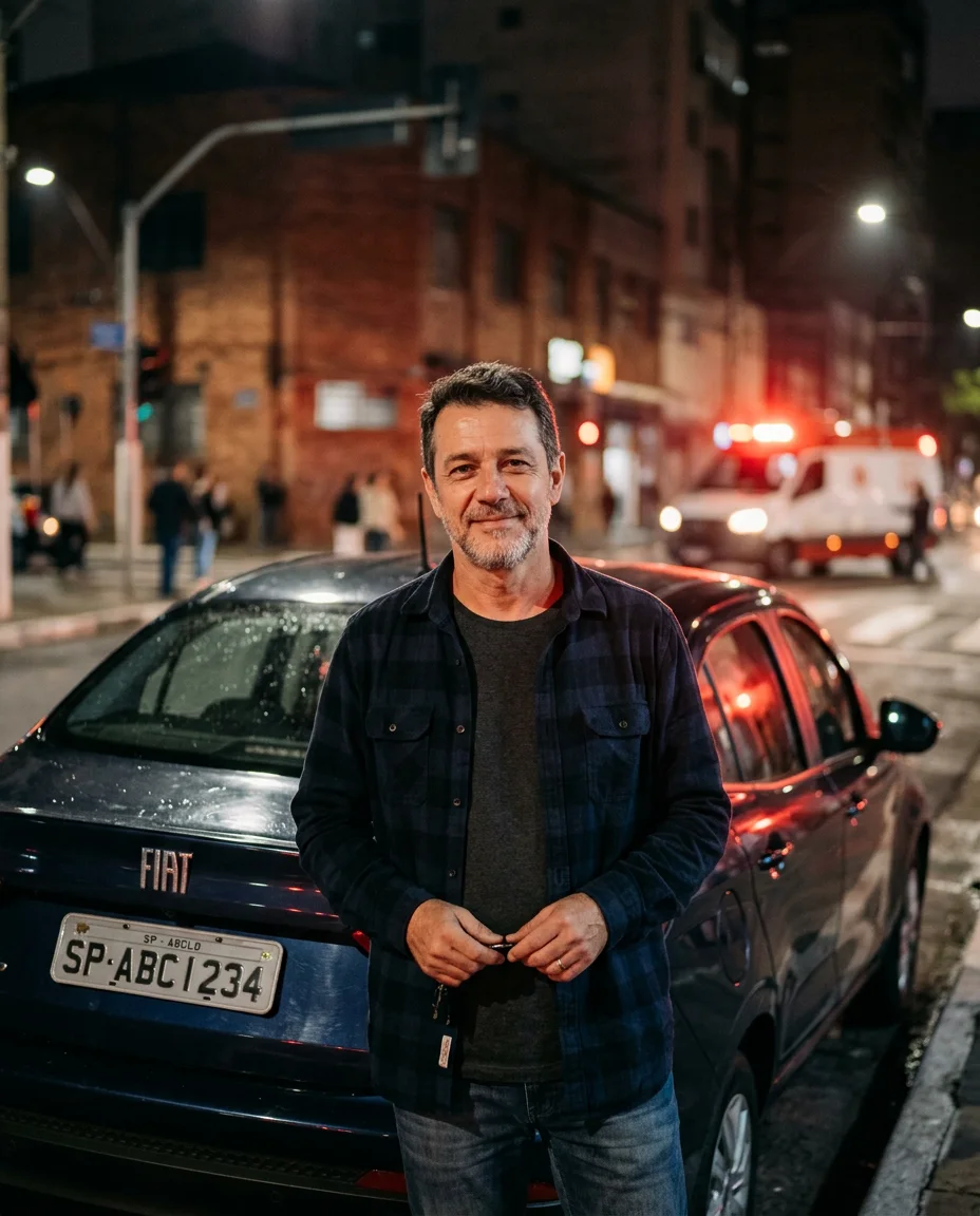 Imagem ilustrativa de um motorista ao lado de seu carro